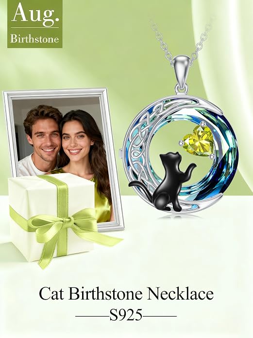 TOUPOP Cat Gifts for Cats Lovers 925 Sterling Silver Black Cat Necklace Celtic Moon Birthstone Jewelry for Women Anniversary Birthday Gift for Her Wife Mom