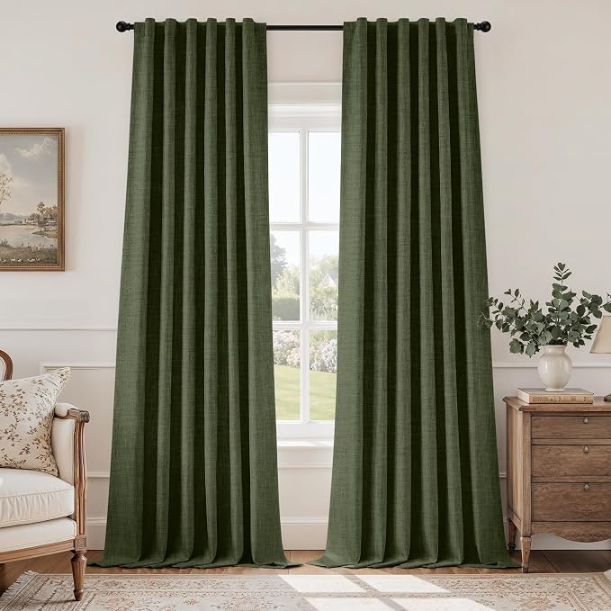 HOMEIDEAS 100% Blackout Faux Linen Olive Green Curtains，Modern Farmhouse Luxury Winter Curtains 96 Inches Long 2 Panels, Rod Pocket & Back Tab for Boho Vintage Living Room,Bedroom Decor