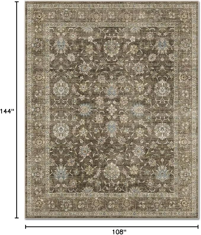 Boho Washable 9x12 Area Rugs for Living Room, Cushioned, Tan/Flaxen | Vintage Non-slip Neutral Oriental Rugs for Bedroom Dining Room Nursery Office High Traffic Area