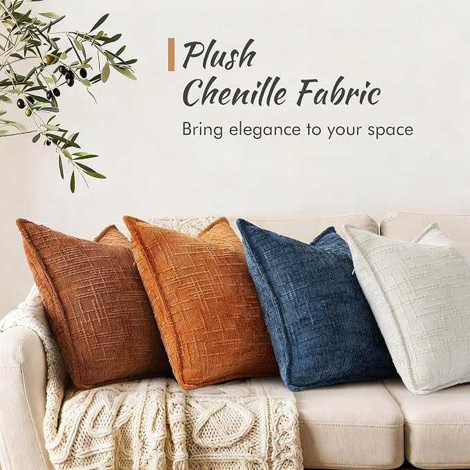 decorUhome Chenille Fall Throw Pillow Covers 18x18 Set of 2, Soft Textured Slubby Modern Decorative Pillow Covers with Elegant Design for Couch, Sofa, Living Room, Burnt Orange