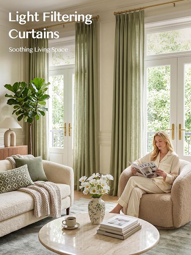 Liz Pinch Pleated Linen Curtains Light Filtering Curtains for Living Room, Farmhouse Window Curtains for Bedroom, Modern Drapes with Hooks and Rings, 102 Inches Long, Olive Green, 2 Panels Set