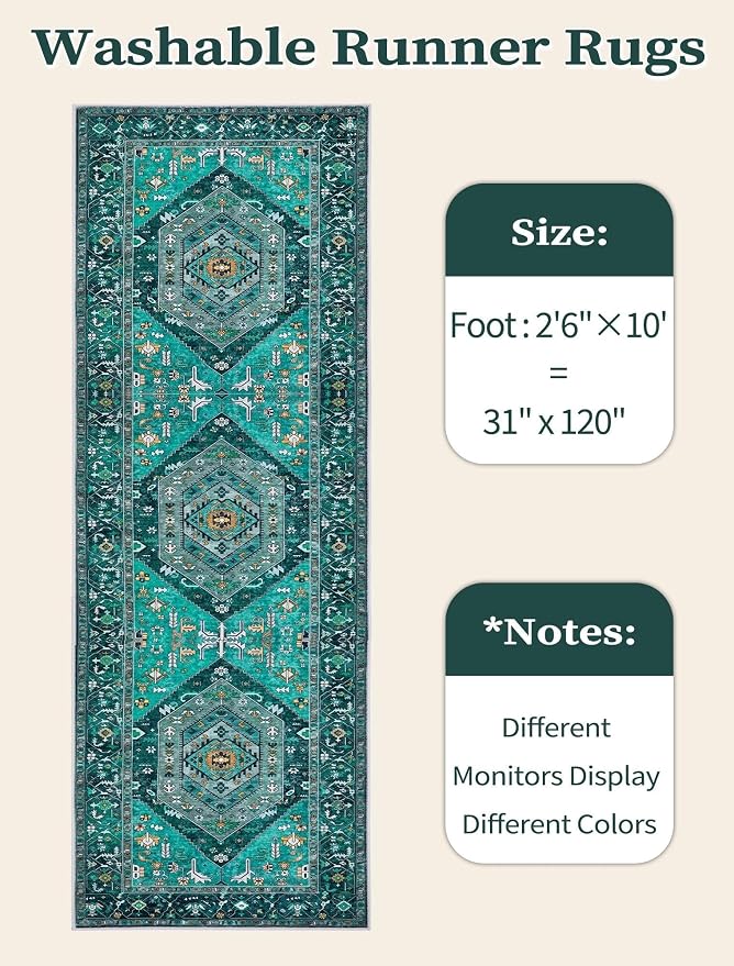 SERISSA Boho Washable Runner Rug, 2'6"x10' Long Rug Runner Non-Slip Vintage Teal Hallway Kitchen Stair Runner Rug Ultra Soft Print Distressed Floor Carpet Runner for Bedroom Bathroom Laundry Room