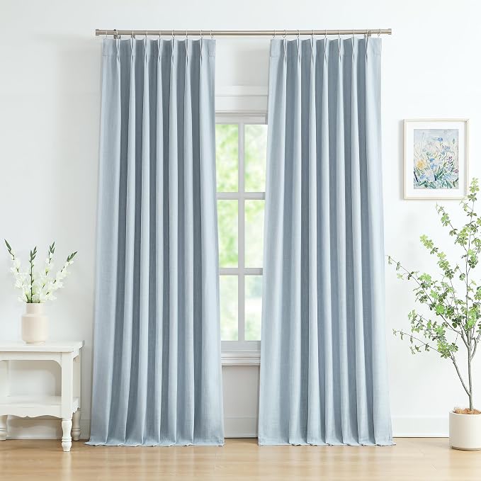 WEST LAKE Extra Long Dusty Blue Bailey Pinch Pleated Full Blackout Curtains | 108 Inches Length Linen Textured Bedroom Living Room Drapes,Farmhouse Backtab Window Treatment,40"Wx108"Lx2