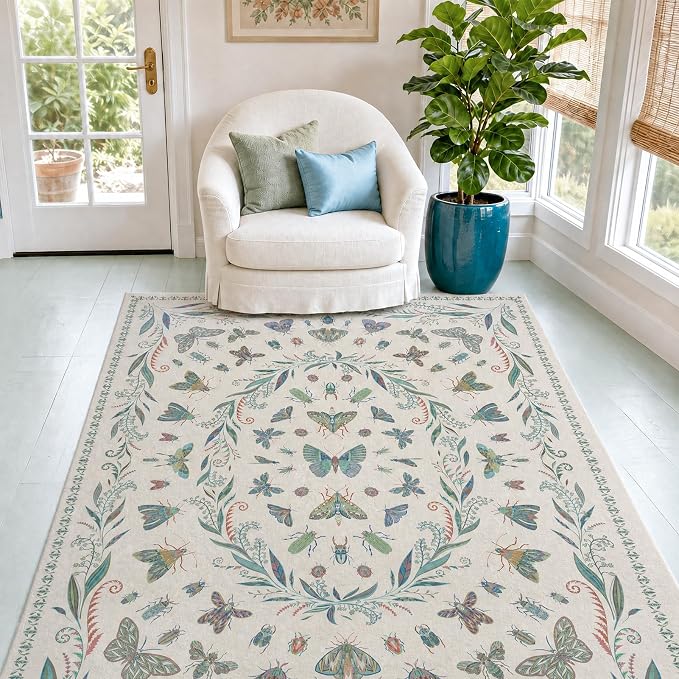 Light Green and Pink Rug 4x6 Rugs for Bedroom Under Bed - Insect Print Multi Color Decor, Low Pile Non Slip Stain Resistant Throw Rug for Nursery Room Boys, Kitchen, Floor Carpet Aesthetic