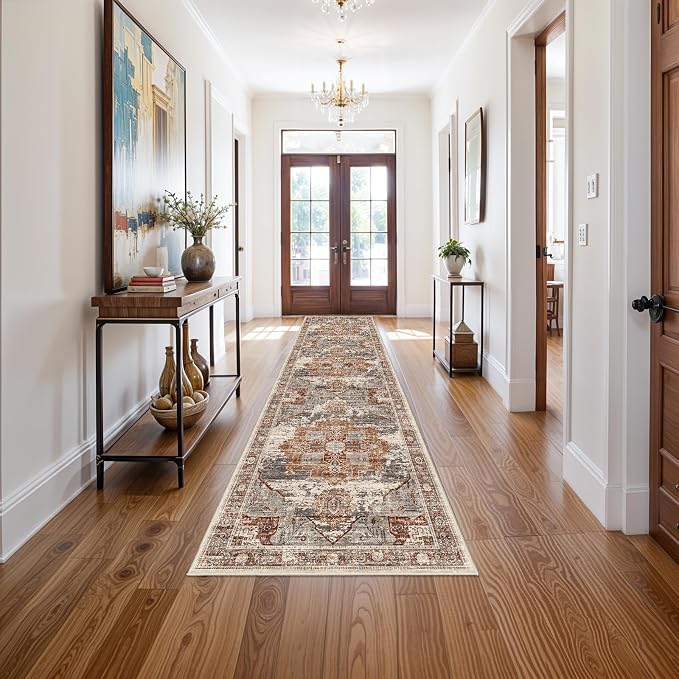 RUUGME Washable 3X12 Runner Rugs - Large Boho Rugs for Living Room Stain Resistant Carpet Vintage Tribal Rugs for Bedroom Kitchen Bathroom Non Slip Backing Home Decor Floor Decoration Mat 3x12 Brick