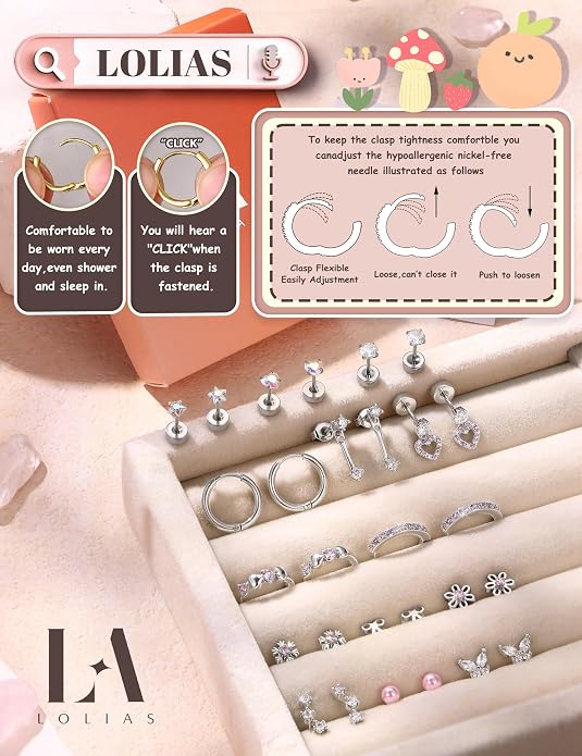 LOLIAS Hypoallergenic Flat Back Earrings for Women Girls-Surgical Stainless Steel Earrings for Sensitive Ears-Cute Flatback Stud Earring Set Small Hoops Cartilage Earring Stacks