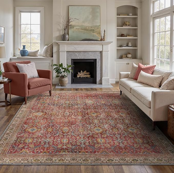 BESBLEE 4X6 Area Rugs Machine Washable Rugs for Living Room, Vintage Boho Large Rugs for Bedroom Dining Room, Non Slip Indoor Soft Distressed Lightweight Thin Low Pile Carpet, Rust Red