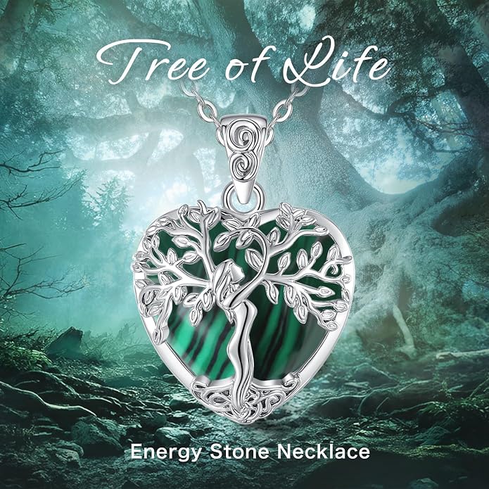 EUDORA Tree of Life Necklace with Moonstone Amethyst Obsidian Turquoise Healing Crystal for Women, Silver Plated Copper Mother Tree of Life Pendant Amulet Energy Jewelry, Gift for Women Mom, 20"+2"