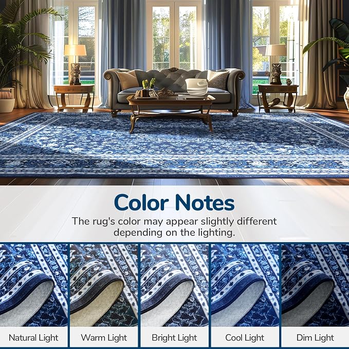 Lessymo 4FT Washable Round Area Rugs for Living Room, Non Slip Circle Rugs Low Pile Vintage Carpet for Bedroom, Dining Room, Nursery, Home Office, Blue White