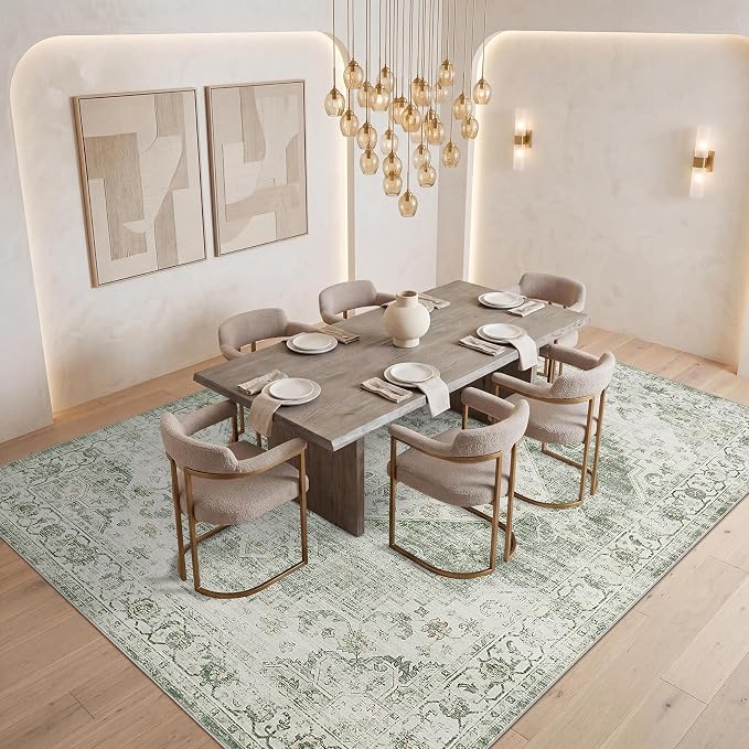 Garvee Sage Green 10x13 Area Rugs for Living Room, Boho Vintage Non-Slip Washable Rug Low Pile Stain Resistant Soft Foldable Large Carpet for Bedroom Dining Home Decor