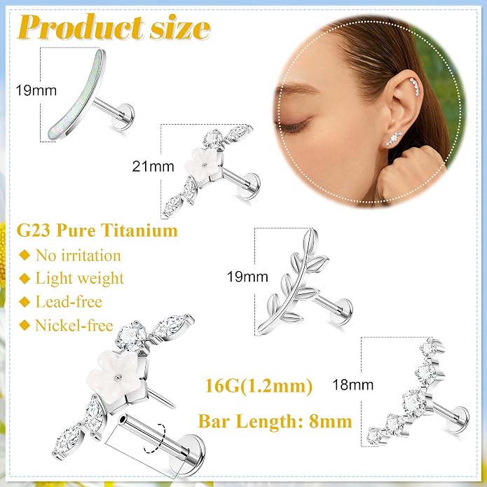 NICEIGHT 4Pcs 16G G23 Titanium Cartilage Earrings for Women Titanium Threadless Push in Cartilage Earring Stud for Sensitive Ear Flower Opal CZ Conch Earrings Flat Back Conch Piercing 6/8/10MM Bar