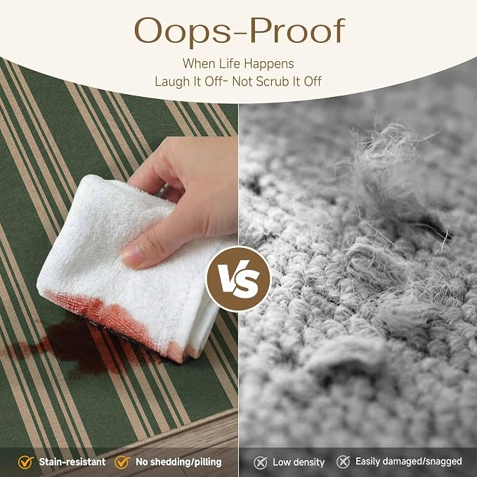 PureCozy Outdoor Rug 6x9 Washable Striped Jute Look Non Slip Carpet | Green and Tan Stripe Farmhouse Style, Indoor Outdoor Area Rugs for Patio, Living Room, Dining Room, Non Shedding, Neutral Rug