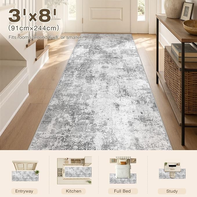 Washable Runner Rug 3x8, Non Slip Neutral Area Rug for Hallway | Modern Abstract Carpet, Stain Resistant and Kid & Pet Friendly, Made for Kitchen, Bedroom, Entryway, Laundry, Kitchen - Gray
