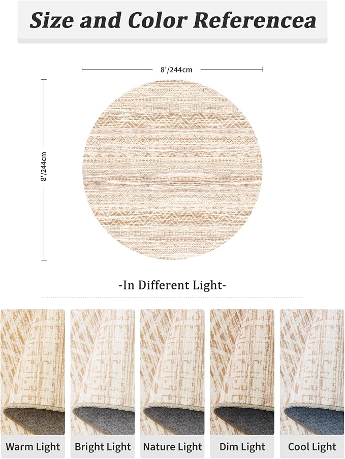 Miukiki Round Rugs 8ft Washable Moroccan Circle Rug for Living Room Non Slip Indoor Floor Carpet Foldable Area Rug for Dining Room with Low Pile(Beige,8'x8')