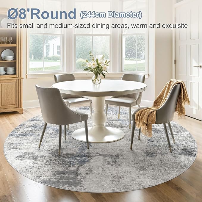DMOYEST 8ft Round Area Rug for Living Room - 8x8 Washable & Non Slip Circle Rug, Kid & Pet Friendly Soft Low Pile Abstract Carpet for Bedroom and Dining Room - Grey Blue