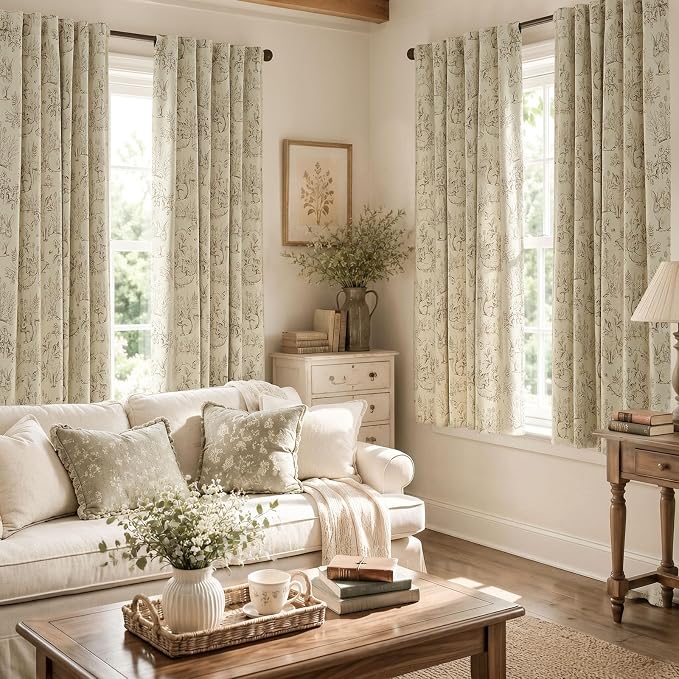 jinchan Taupe Blackout Curtains 63 Inch Whimsical Back Tab 2 Panels | Room darkening,nursery kids bedroom,privacy,whimsical,cottagecore,bunny pattern,botanical,nature-inspired decor