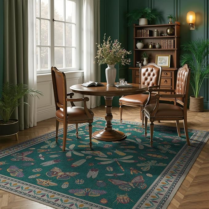 DCX 4x6 Washable Insect Rug, Vintage Gothic Deep Teal Rug with Non-Slip Rubber Backing, Soft Low-Pile, Stain-Resistant, Kid & Pet Friendly, for Living Room, Bedroom, Office, and Nature-Themed Decor