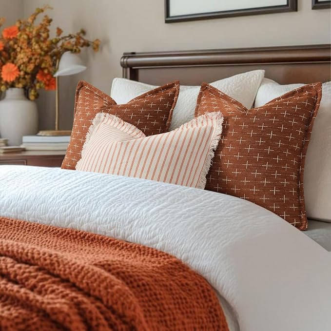 ZWJD Fall Pillow Covers 16x16 Set of 2 Striped Pillow Covers with Fringe Chic Cotton Decorative Pillows Square Cushion Covers for Sofa Couch Bed Living Room Farmhouse Decor, (Burnt Orange)