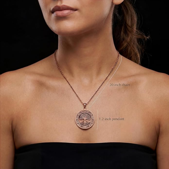 Tree of Life Pure Copper Pendant Necklace, Engraved Round Medallion (1.2”), 20.5” Stainless Steel Chain, Gift-Boxed | Aspendos