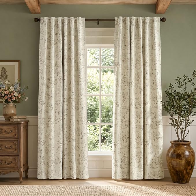 jinchan Taupe Blackout Curtains 84 Inch Whimsical Back Tab 2 Panels | Room darkening,nursery kids bedroom,privacy,whimsical,cottagecore,bunny pattern,botanical,nature-inspired decor