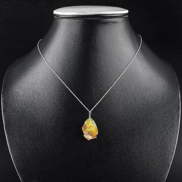 Raw Ethiopian Fir Opal Pendant Necklace for Women, Dainty Pendant, Handmade October Birthstone, Hypoallergenic Spiritual Healing Stone 925 Sterling Silver Chain 20" Birthday Gifts