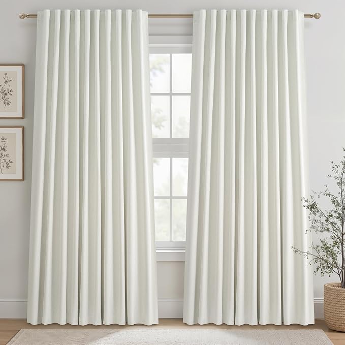 Cute Blackout Curtains 60 Inches Extra Wide Linen 84 Inch Length for Living Room/Sliding Glass Door,Pleated Heavy Duty Thermal Drapes for Winter Thick Large Window(60"Wx84"L 2 Panels Beige White)