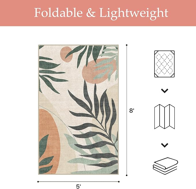 GENIMO 5x8 Outdoor Rug, Washable for Patio and Deck, Dark Beige Olive | Botanical leaf design for porch; fade resistant chenille with quick-dry non-slip backing for indoor sunroom.