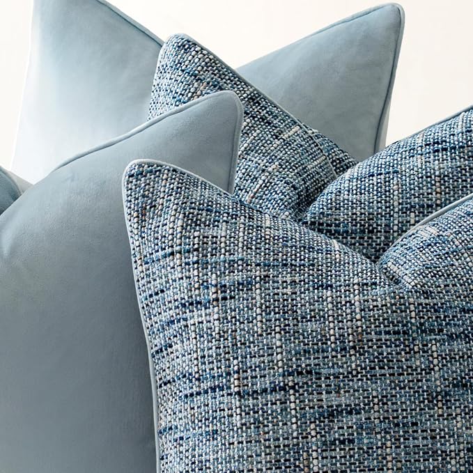 a moment Light Blue 4 Pack Throw Pillow Covers - Chenille & Velvet Set with Piping, Farmhouse Textured Design Pillow Cases for Couch Sofa Bed Livingroom (18x18 Inch, No Insert)