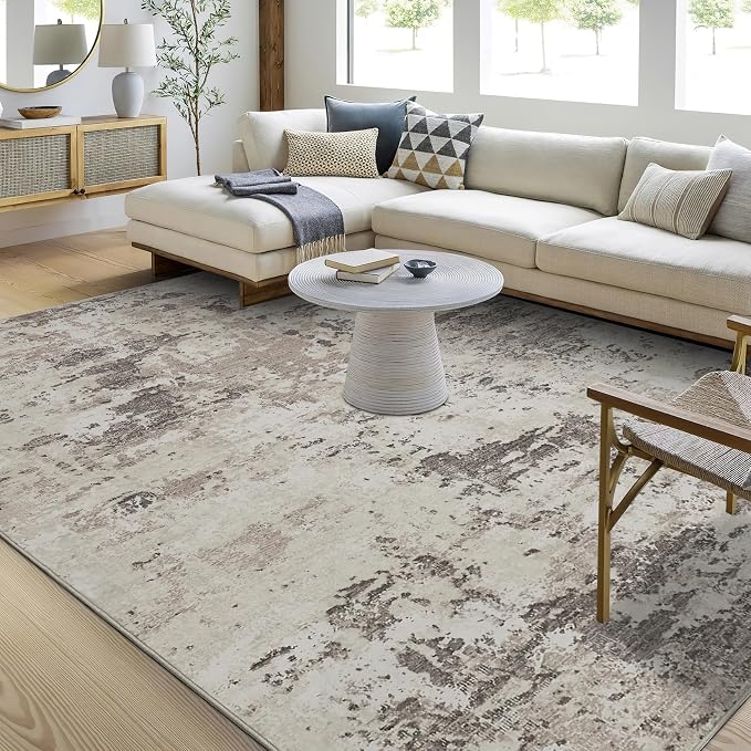 ROYHOME Modern Abstract Area Rug 3x5 Non Slip Non Shedding Rug Low Pile Stain Resistant for Bedroom Living Room,Brown Grey