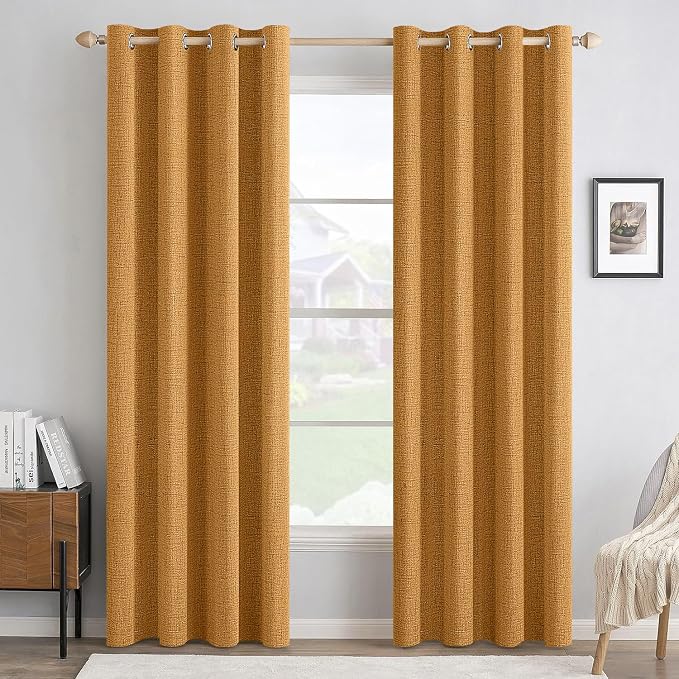 MIULEE 100% Blackout Linen Textured Curtains for Bedroom Solid Thermal Insulated Mustard Yellow Grommet Room Darkening Curtains & Drapes Luxury Decor for Living Room 52 x 90 Inch (2 Panels)