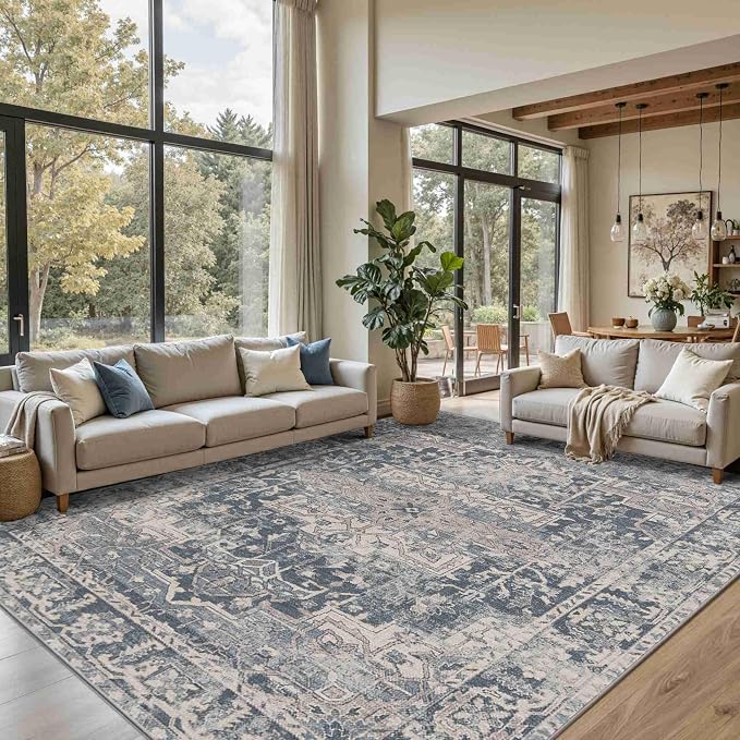 Rugxara Blue 8x10 Area Rugs for Living Room Bedroom Large Washable Rug | Non Slip, Rug for Dining Room Office Kids Room, Stain Resistant, Soft, Low Pile, Vintage Boho Retro Carpet,Home Decor