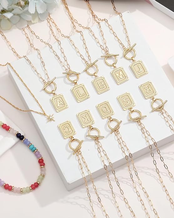 MJartoria Layered Initial Necklaces for Women Trendy, 14K Gold Plated Brass Simple Star Choker Square Letter Pendant Necklace, Colorful Beaded Necklaces Jewelry Gifts