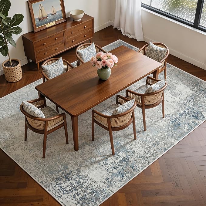 Washable Rugs 8x10 Area Rugs for Living Room - Modern Abstract Rugs for Bedroom,Dining Room,Large Soft Low Pile Carpet with Non Slip Rubber Backing,Neutral Accent Nursery Rug- Beige Blue