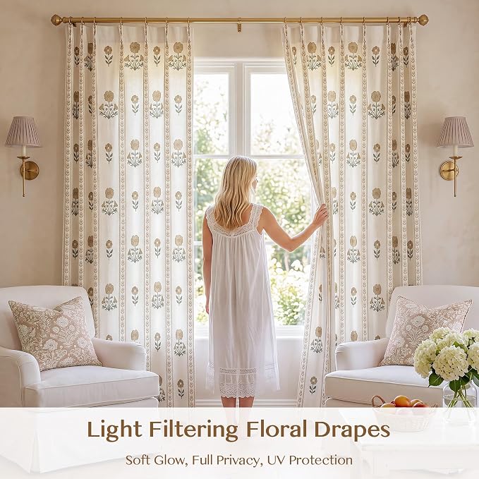 THREE GIRLS Pinch Pleated Light Filtering Linen Blend Floral Block Print Curtains for Bedroom, Dining Room, Living Room, Farmhouse, Memory Trained, Hooks, 2 Panels Set, 40"x90", Brown