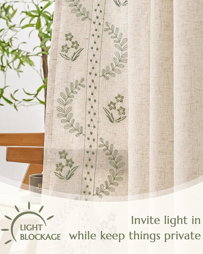 jinchan Floral Lined Linen Curtains 96 Inch Rod Pocket 2 Panels Sage Green | Embroidered curtains,privacy lining,boho curtains,light filtering,living room,bedroom,flower patterned,window treatment