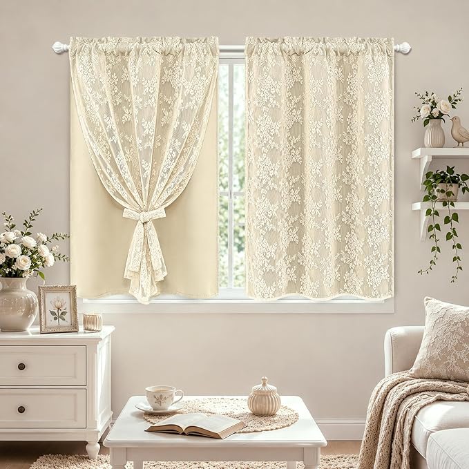 Yinhua Double Layer Kitchen Curtains 36 Inch Length Beige Blackout Curtains for Kitchen Rod Pocket Short Curtain for Windows, Small Window Curtain for Bathroom, Living Room, 2 Panels