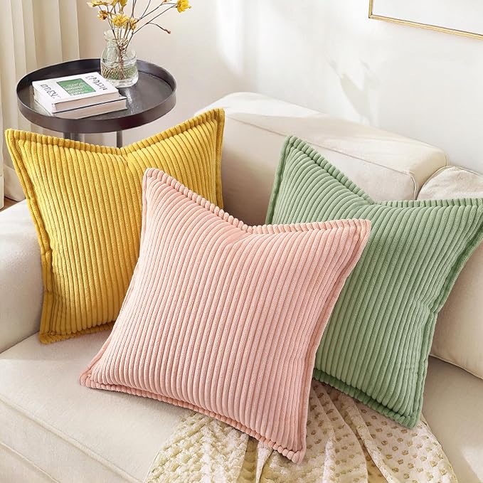 decorUhome Fall Corduroy Sage Green Throw Pillow Covers 26x26 Set of 2 | Euro Sham Couch Decorative Soft Modern Boho Farmhouse Pillow Covers Broadside Striped Pillow Cases for Living Room Bed Sofa
