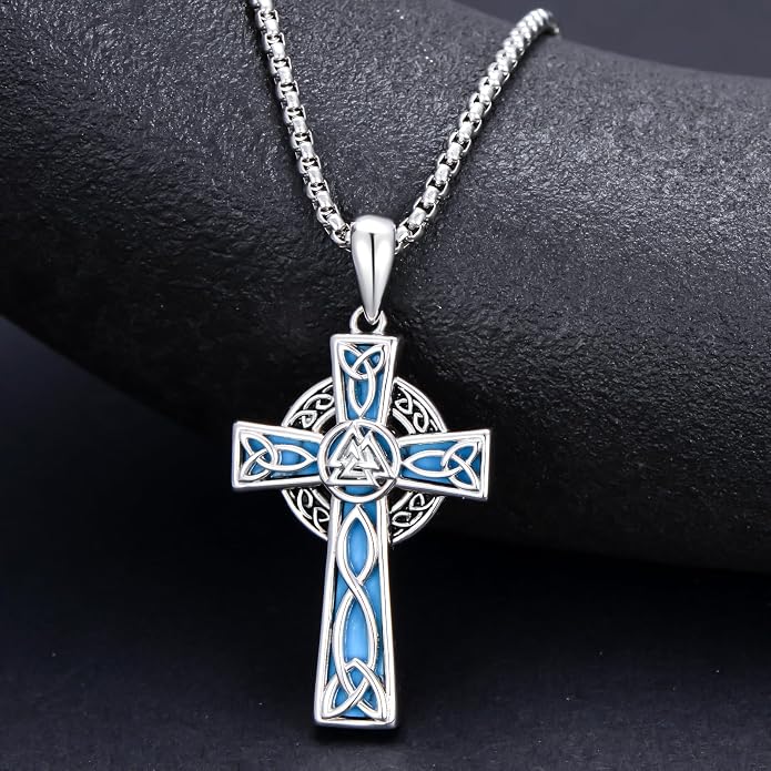 HPQQ Cross Necklace 925 Sterling Silver Turquoise Tree of Life Celtic Knot Cross Pendant Jewelry Mother's Day Gifts for Women