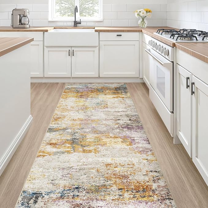 Runner Rug Kitchen Washable Rugs: 2x5 Non-Slip Abstract Soft Modern Stain Resistant Indoor Floor Neutral Accent Throw Carpet for Hallway Bathroom Laundry Room Entryway Bedroom- Gold Colorful