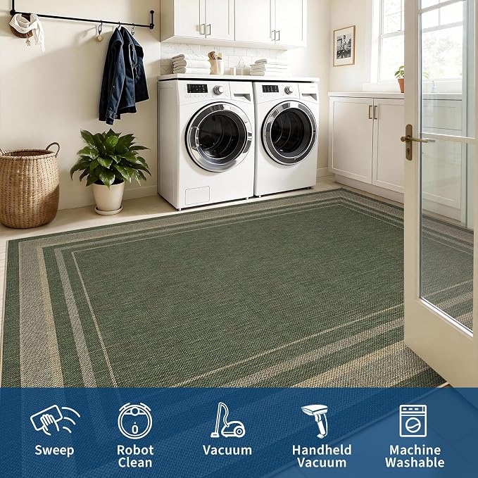 GarveeHome 2x3 Small Easy Jute Area Rugs Washable Green Neutral Door Mat | Indoor Non Slip Living Room Throw Carpet xModern Solid Bedroom Rugs Stain Resistant for Entryway Nursery Kitchen Dorm, Green