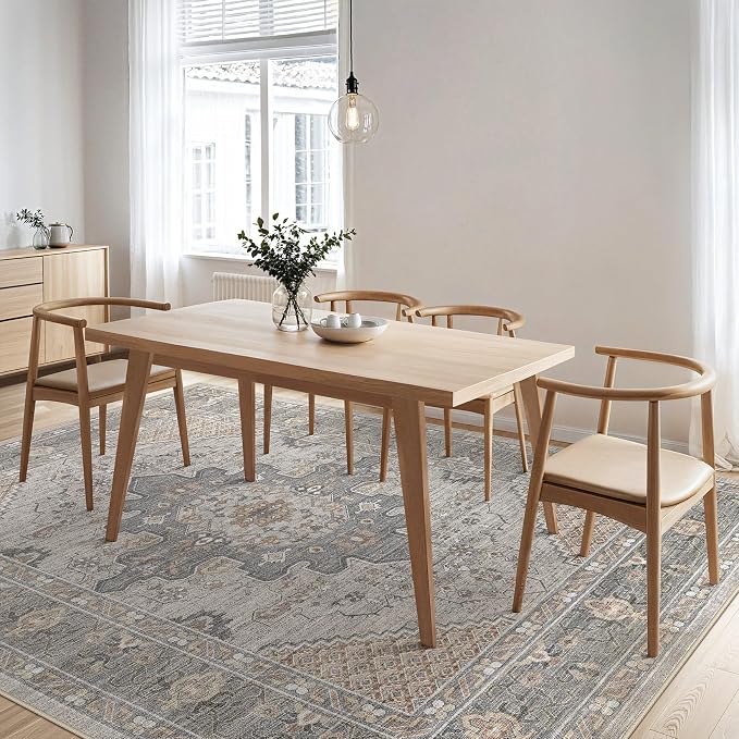 Tortania Area Rug Living Room Rugs - 9x12 Washable Boho Rug Vintage Oriental Distressed Farmhouse Large Thin Indoor Carpet for Living Room Bedroom Under Dining Table Home Office - Brown Gray