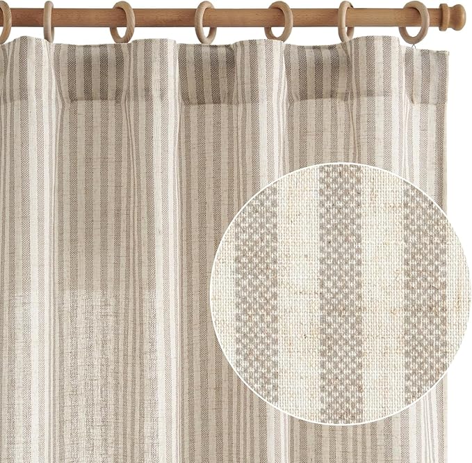 jinchan Linen Curtains 84 Inch Taupe Grey Stripe on Beige Back Tab 4 Panels | Curtains For Living Room Bedroom,Ticking Stripe Pattern, Farmhouse Cottage Core Rustic,Window Treatment,Light Filtering