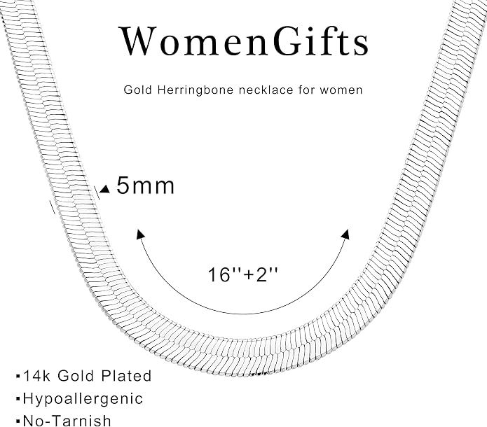 WomenGifts 14K Gold Silver Plated Herringbone Necklace for Women, Dainty Snake Chain Choker, Trendy Simple Long Layered Jewelry Non Tarnish, 3/4/5/8mm,14,16,18,20,22,24,26 Inch Thin & Chunky Options
