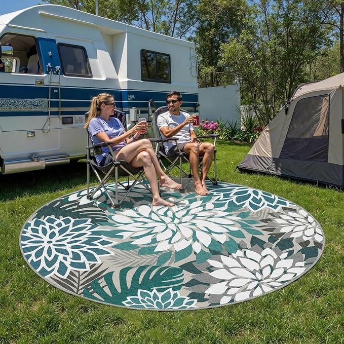 Colorful 6FT Outdoor Round Area Rug Washable Rugs Multicolored Patio Rug Tropical Botanical Floral Chenille Waterproof Outdoor Carpet for RV, Pool Deck, Backyard, Porch, Teal