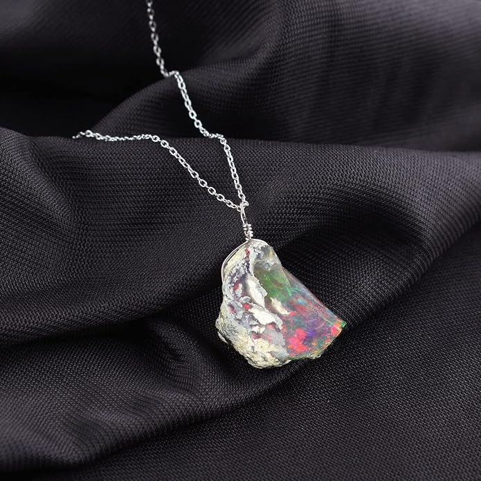 Ultra Fire Raw Ethiopian Opal Rough Dainty Pendant Necklace For Women, Healing Chakra Crystals, Handmade October Birthstone Jewelry, 925 Silver Chain 18 inch, Wedding Gift