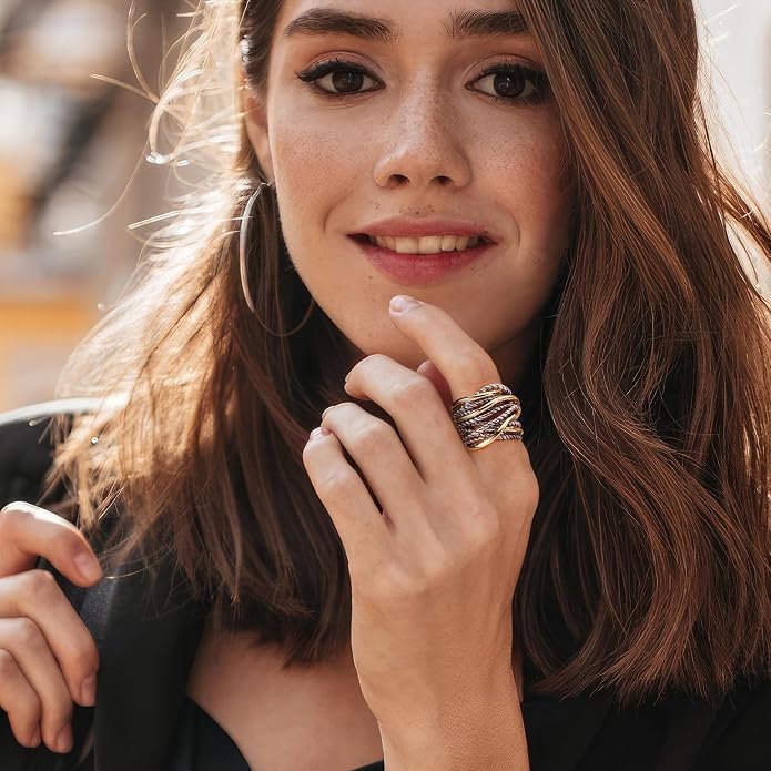 Mytys Wide Band Rings Twisted Rope Ring Two-Tone Mixed Metal Braided Statement Rings Fashion Jewelry for Women