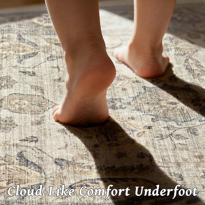 Boho Washable 8x10 Area Rugs for Living Room, Cushioned, Flaxen/Tan | Vintage Non-slip Neutral Oriental Rugs for Bedroom Dining Room Nursery Office High Traffic Area