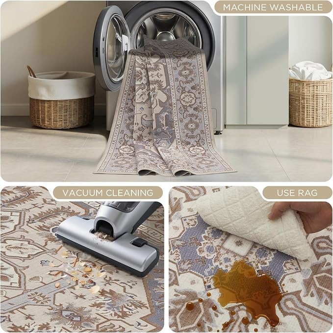 Joydeco 8x10 Area Rugs for Living Room, Non Slip Machine Washable Vintage Rug, Low Pile Chenille Print Rugs for Bedroom, Dining Room, Home Office, Pet & Child Friendly, Beige & Blue & Reddish-Brown