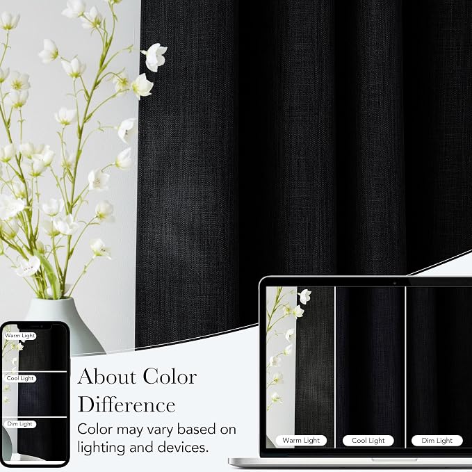 NICETOWN Black Faux Linen Room Darkening Rod Pocket Curtains 63 inch Length, W42 x L63, Light Blocking Thermal Insulated Noise Reducing Drapes for Bedroom Living Room Farmhouse Decor, 2 Panels