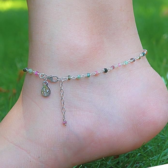 Dainty Gemstone Anklet for Women – 10 Inch Adjustable Anklet with 1 Inch Extender, Gold or Silver Plated Foot Jewelry, Minimalist Boho Style Gift